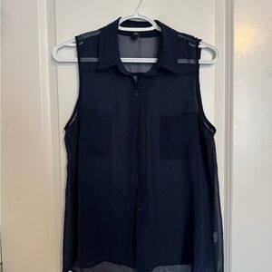 Sleeveless Navy Sheer Button-Up Blouse
